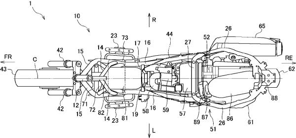 une image de brevet montrant l'emplacement des réservoirs d'hydrogène sur un scooter