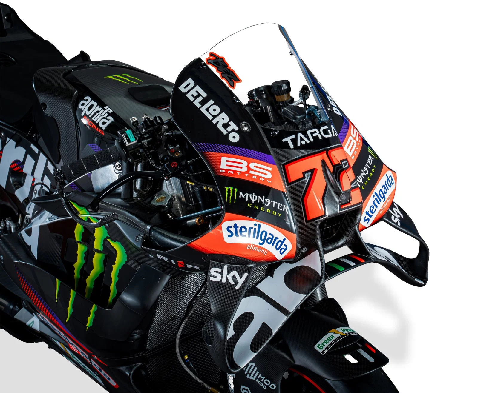 Logo Monster Energy sur la moto Aprilia MotoGP de Marco Bezzecchi.