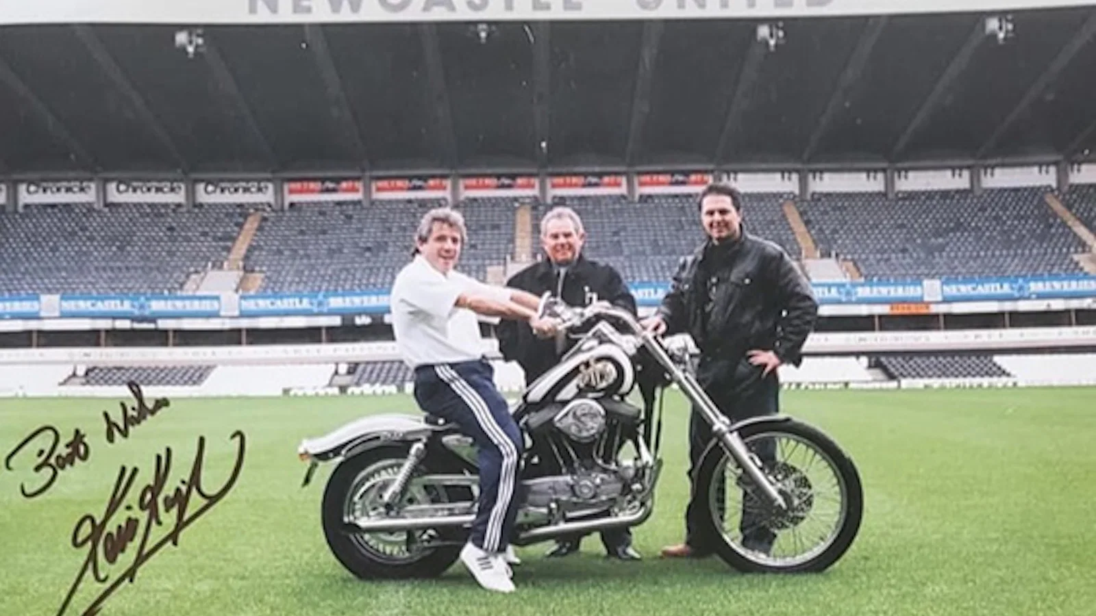 Kevin Keegan sittting on a custom Newcastle United Harley-Davidson