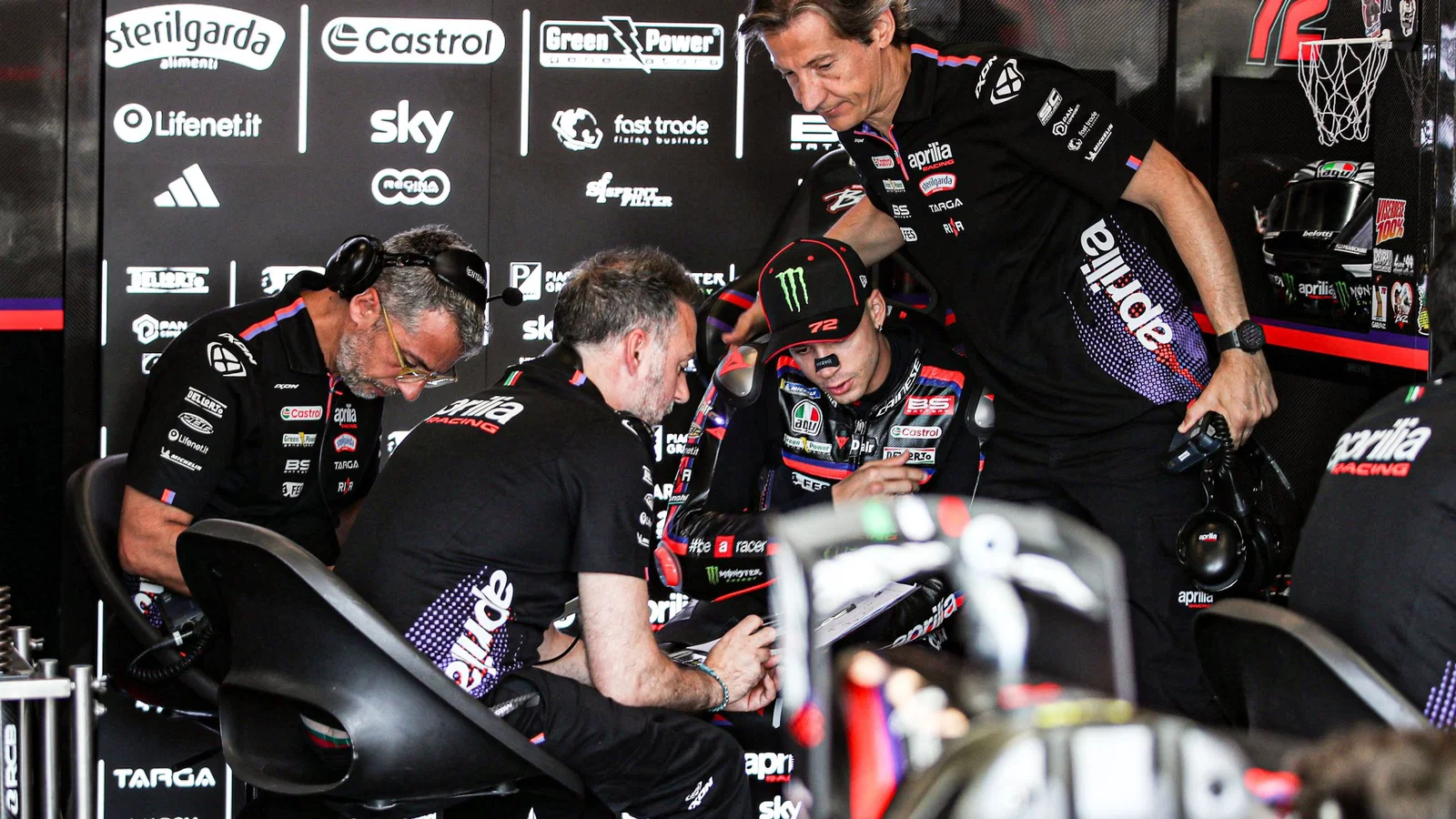 Marco Bezzecchi in the Aprilia garage at Brno. Credit: Gold and Goose.