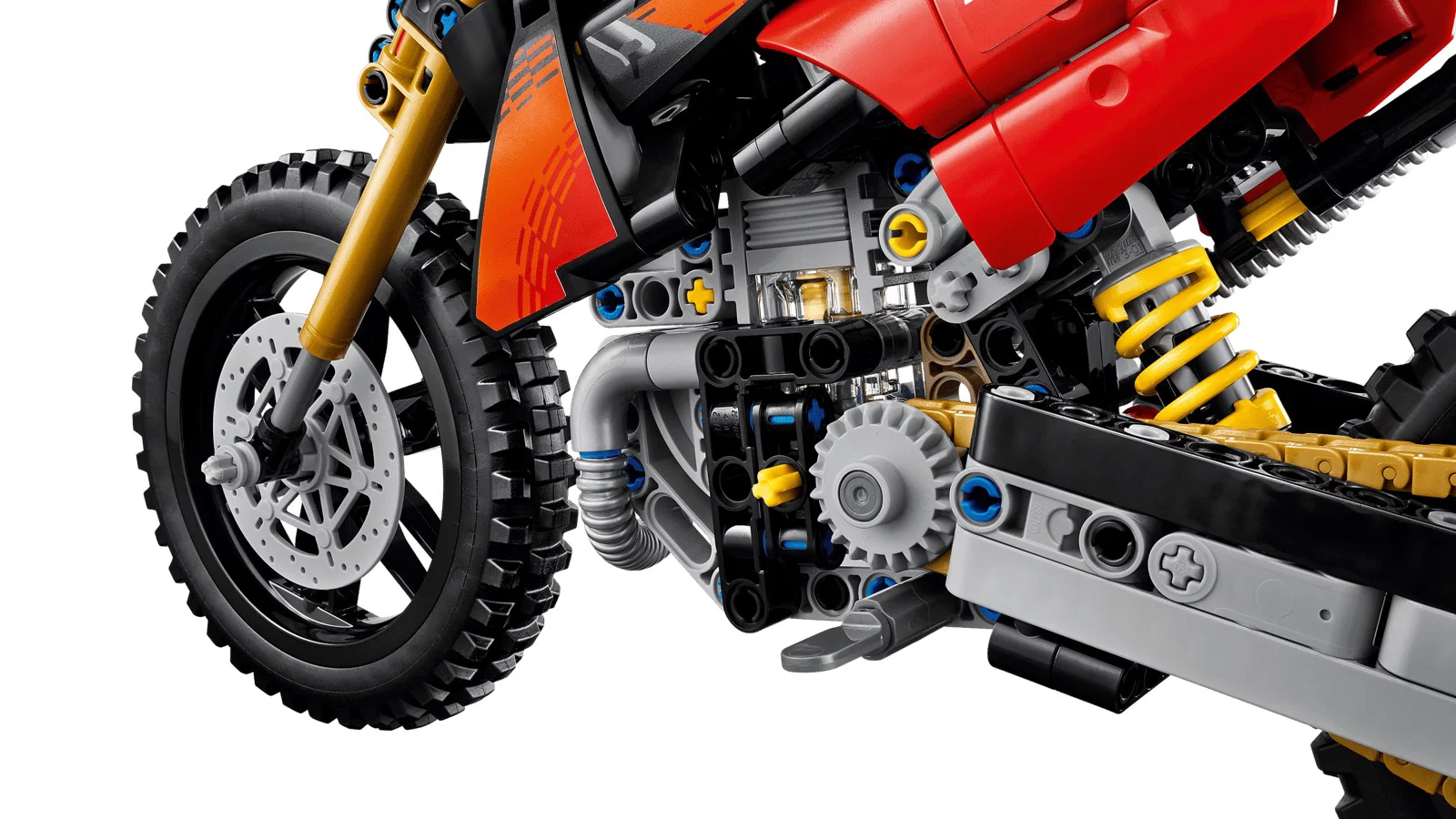 Une Ducati Desmo450 MX Lego Technic avec détail du moteur