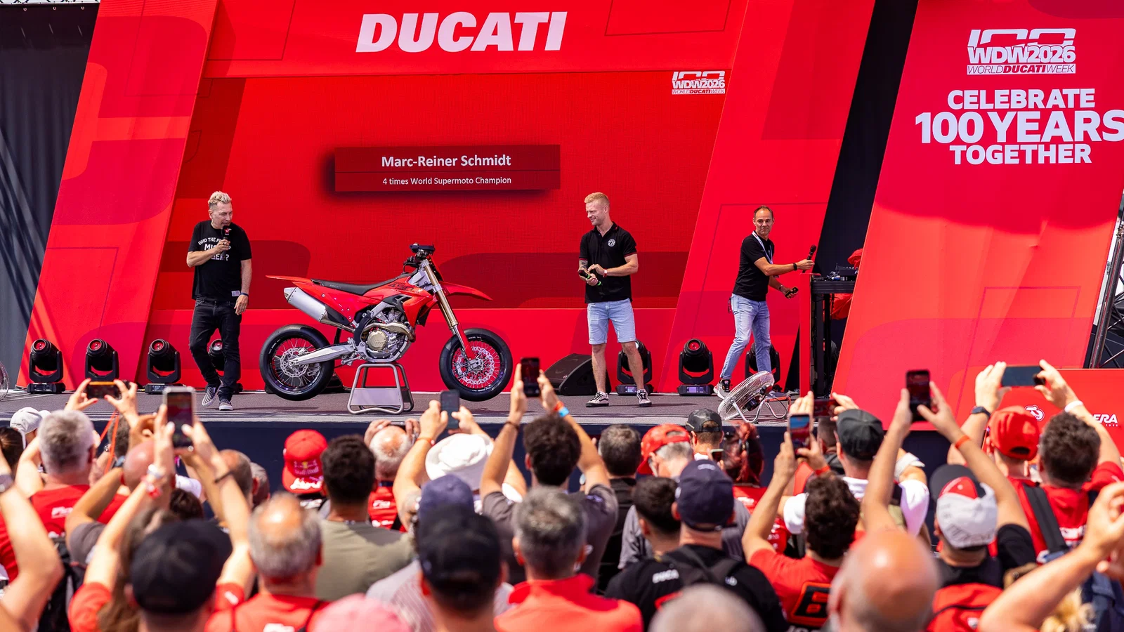 Ducati Desmo450 SM on stage at World Ducati Week.
