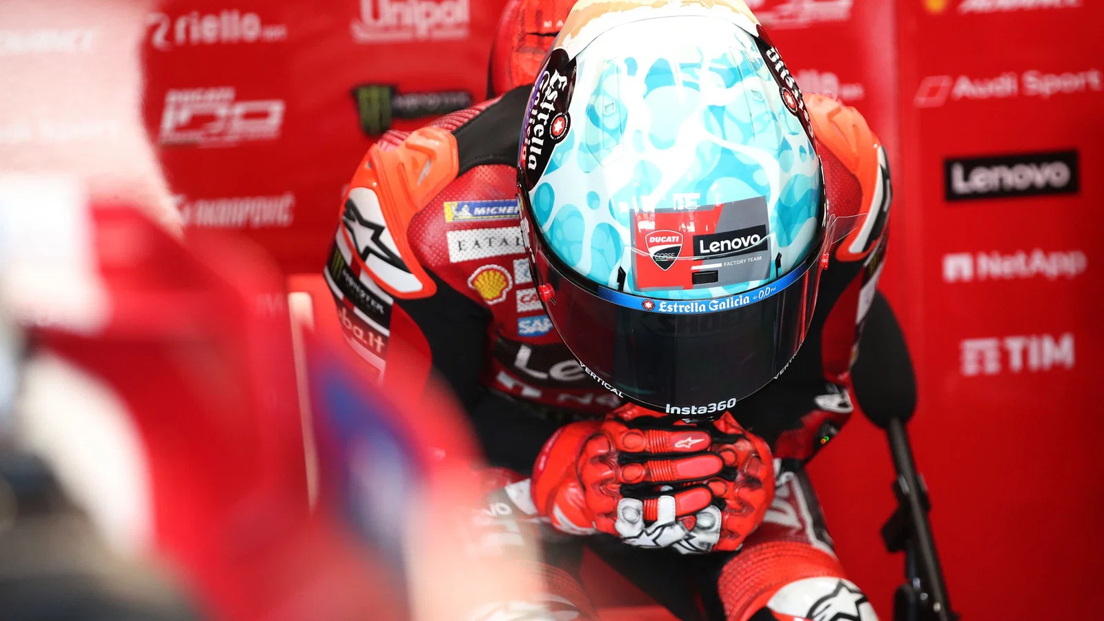 Marc Marquez in his Ducati garage. Credit: Gold and Goose.